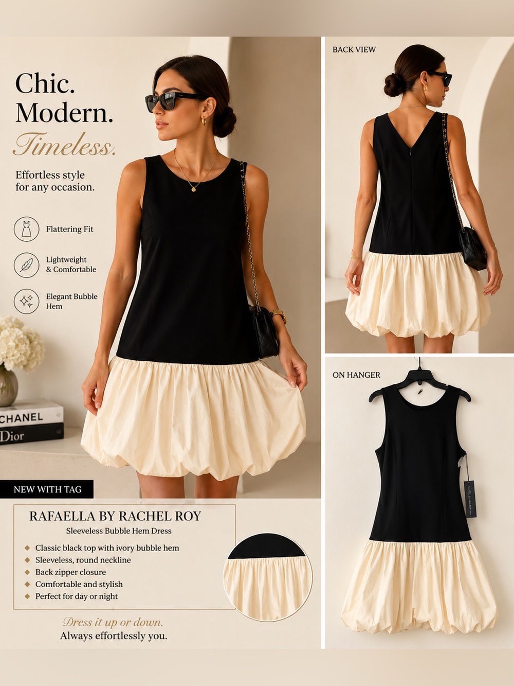 Rafaella by Racheal Roy Black and Ivory Sleeveless Bubble-Hem Dress